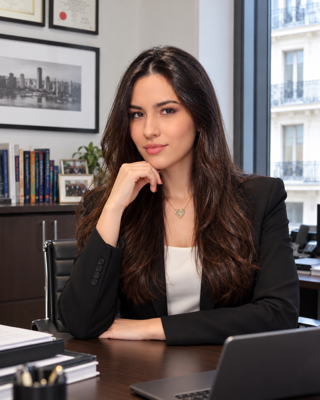 Marina Valerisse seated at her office desk